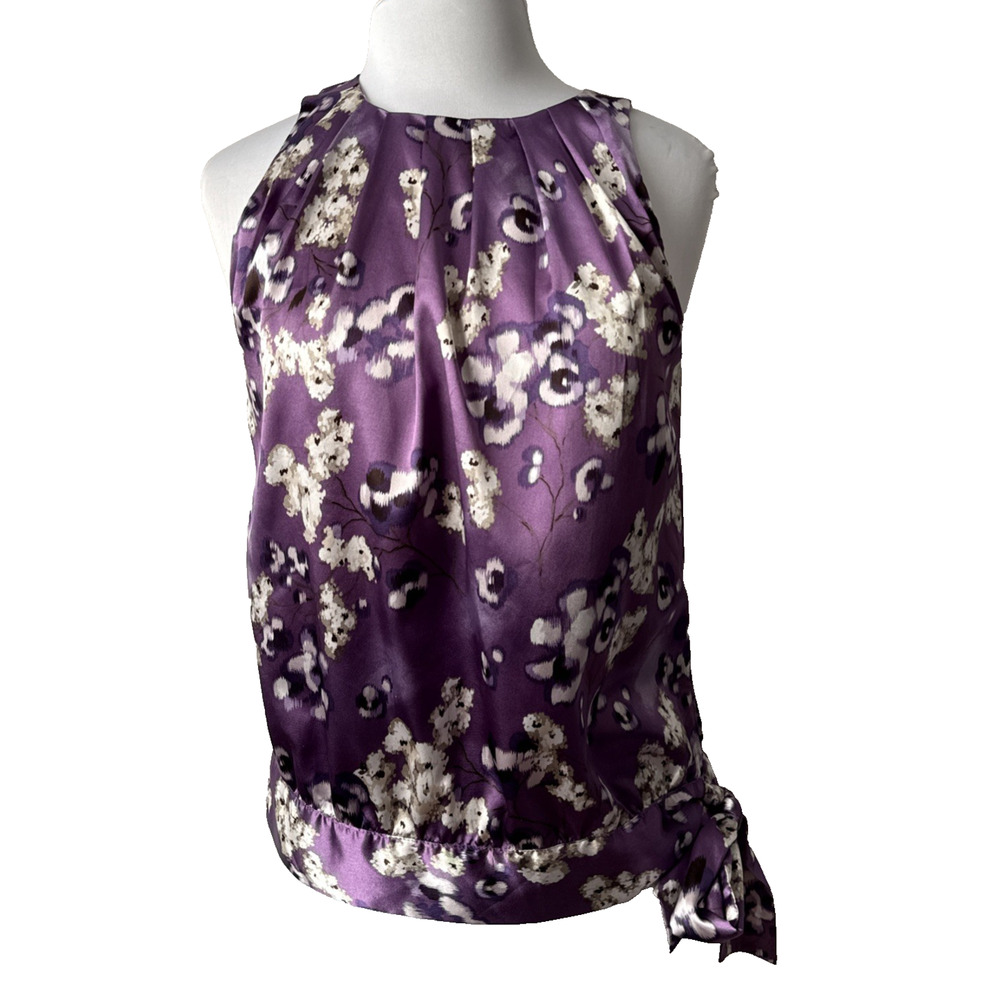 Apt 9 Women's‎ S Purple Floral Satin Sleeveless Bow Blouse Business Office Boho
